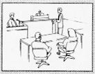 Person testifying in court with judge and others present