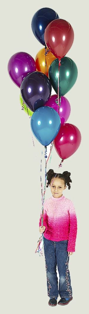Girl holding multiple colorful balloons